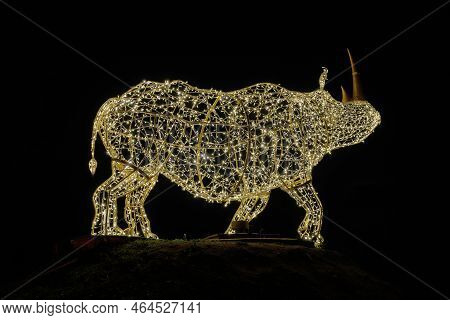 A Rhinoceros As An Illuminated Decoration Made Of Fairy Lights At The Light Installation Lumagica In