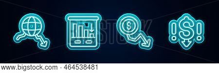 Set Line Global Economic Crisis, Pie Chart Infographic, Dollar Rate Decrease And . Glowing Neon Icon