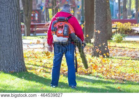Leaf Blower Male Worker Removes Leaves Lawn Of Garden Autumn. Removing Fallen Leaves In Autumn. Park
