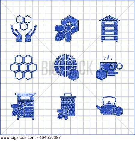 Set Honeycomb Map Of The World, Bee And Honeycomb, Tea Kettle With, Cup Tea, Hive For Bees, And Hand