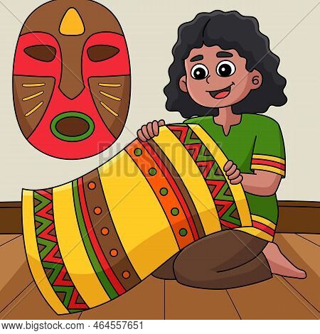 This Cartoon Clipart Shows A Kwanzaa Girl Holding Mkeka Illustration.