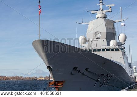 Norwegian Army Warship From The Front. A Military Ship Is Moored In The Port Of Riga. Riga, Latvia -