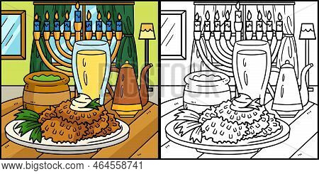 This Coloring Page Shows A Hanukkah Latke With Menorah. One Side Of This Illustration Is Colored And