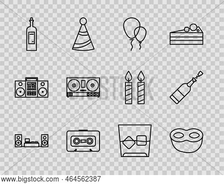 Set Line Home Stereo With Two Speakers, Balloons Ribbon, Retro Audio Cassette Tape, Bottle Of Wine, 