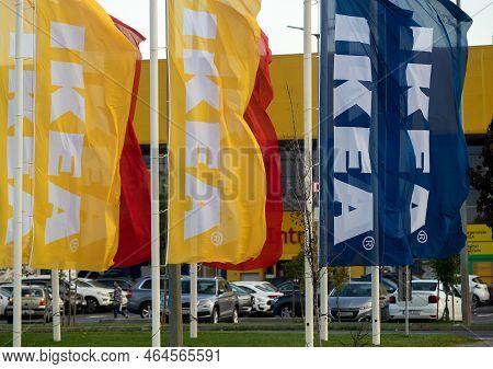 Bucharest, Romania - October 07, 2022: Front Flags Of Ikea Bucharest Baneasa Store, In Northern Buch