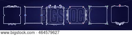 Set Of Square Ui Game Frames, Textured Medieval Borders Of Silver Or Steel Metal With Gems. Cartoon 