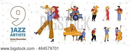 Set Of Jazz Band Artists Performing Music. Men And Woman Playing On Instruments Drum Kit, Saxophone,