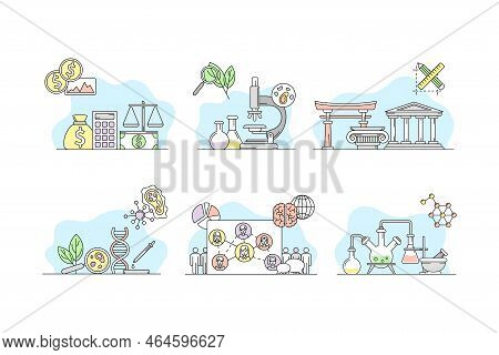 Education And Science Objects Set. Economics, Biology, Architecture, Sociology, Chemistry Vector Ill