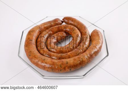 Local Northern Thai Food , Northern Thai Spicy Sausage Street Food Isolated In White Background