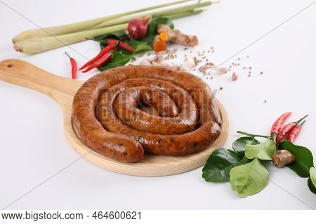 Local Northern Thai Food , Northern Thai Spicy Sausage Street Food Isolated In White Background
