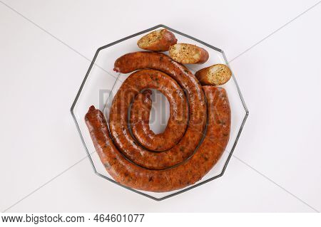 Local Northern Thai Food , Northern Thai Spicy Sausage Street Food Isolated In White Background