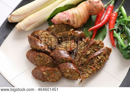 Local Northern Thai Food , Northern Thai Spicy Sausage Street Food Isolated In White Background