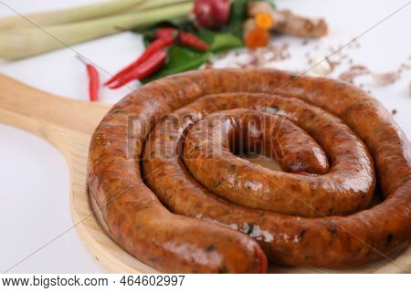 Local Northern Thai Food , Northern Thai Spicy Sausage Street Food Isolated In White Background