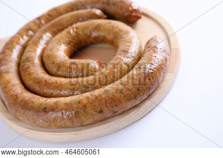 Local Northern Thai Food , Northern Thai Spicy Sausage Street Food Isolated In White Background