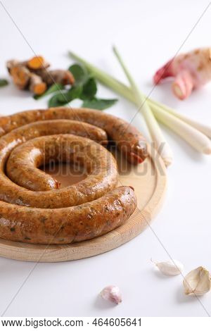 Local Northern Thai Food , Northern Thai Spicy Sausage Street Food Isolated In White Background