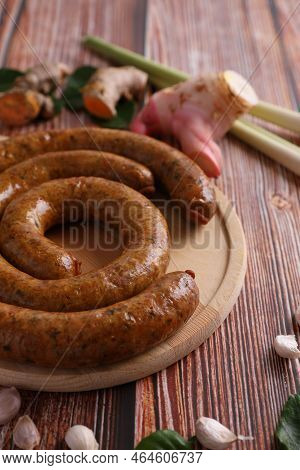 Local Northern Thai Food , Northern Thai Spicy Sausage Street Food Isolated In White Background