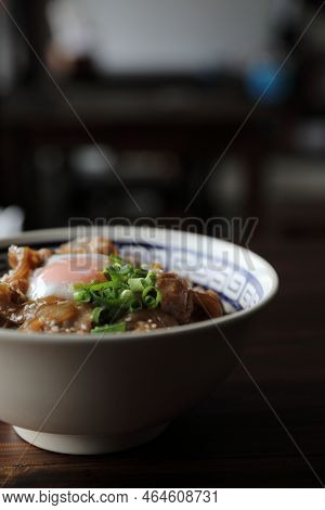 Pork Rice Bowl With Egg On Wood Backround Japanese Local Food Butadon