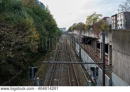 Jette, Brussels Capital Region, Belgium - 10 28 2022 - Bridge View Over Metro And Local Train Tracks