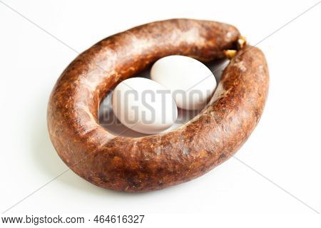 Homemade Coiled Sausage Made Of Various Spice Mixes Used In Turkish Cuisine And Two White Eggs, Isol