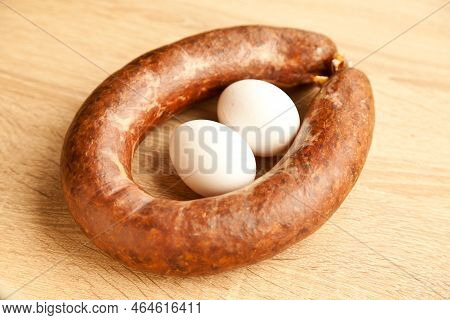 Homemade Kangal Sucuk Made From Various Spice Mixtures Used In Turkish Cuisine And Two White Eggs, O