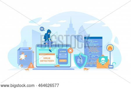 Thief Hacker Stealing Password. Computer Viruses And Hacker Attack. Errors Detected, Alert Messages,