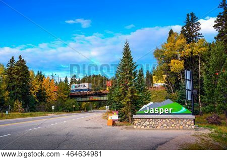 Jasper, Alberta, Canada - September 24, 2021 : Welcome Sign To The Village Of Jasper Located Within 