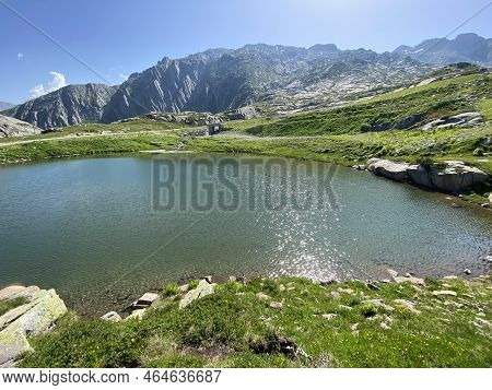 Summer Atmosphere On The Lago Dei Banchi Or Lake Banchi In The Swiss Alpine Area Of Mountain St. Got