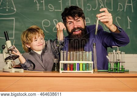 Back To School. Chemistry Experiment. Teacher Child Test Tubes. Cognitive Process. Kid Cognitive Dev