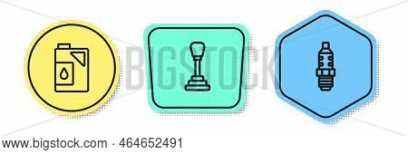 Set Line Canister For Motor Oil, Gear Shifter And Car Spark Plug. Colored Shapes. Vector