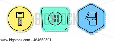 Set Line Car Key With Remote, Gear Shifter And Door. Colored Shapes. Vector