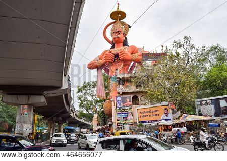 New Delhi, India - June 21, 2022 - Big Statue Of Lord Hanuman Near The Delhi Metro Bridge Situated N