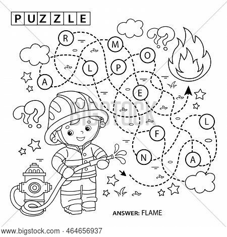 Maze Or Labyrinth Game. Puzzle. Tangled Road. Coloring Page Outline Of Cartoon Fireman Or Firefighte