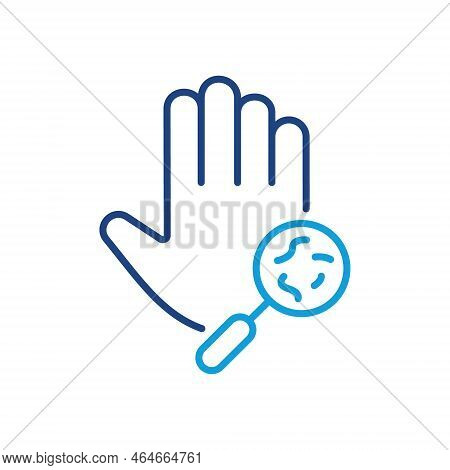 Bacteria, Germs, Microbes And Bacilli On Dirty Hand Palm Line Icon. Magnifier And Human Hand With Vi