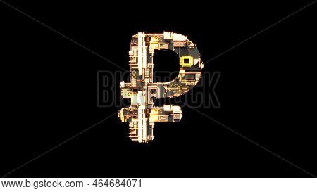 Rouble Sign, Grunge Black And Yellow Scrap Metal Cyber Punk Font, Isolated - Object 3d Rendering