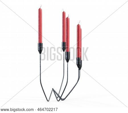 Coper Candelabras With Candles On The White Surface. 3d Render