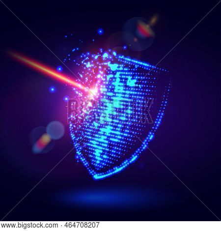 Laser Strike Digital Shield. Damaged Protective Shield. Breach Of Defense. Attack On The Security Sy
