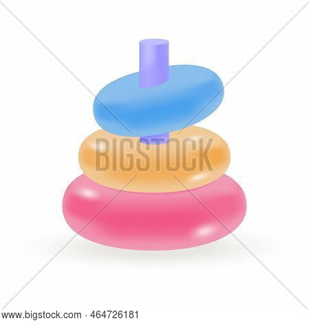 Blue, Red And Yellow Circles On Stick Of Toy Pyramid 3d Icon. Construction From Plastic Rings For Ga