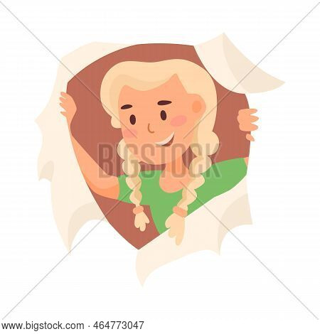 Cartoon Small Blonde Girl Looking Through Hole Vector Illustration. Kid Showing Through Torn Paper I
