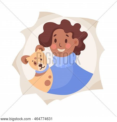 Cartoon Girl With Pet Dog Looking Through Hole Vector Illustration. Woman And Dog Showing Through To