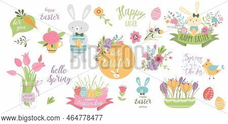 Spring Elements Set. Rabbit Bunny, Carrot, Flowers, Tulips, Easter Isolated Illustrations And Typogr