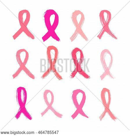 Set Of Pink Ribbons Cancer Control Symbol. Brush Strokes.