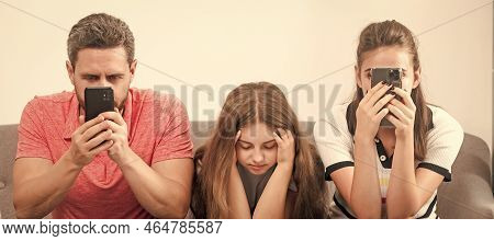 Banner Pf Phone Addicted Dad Mom And Daughter Girl. Kid With Phone Addicted Daddy And Mom Sitting At