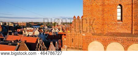 Beautiful Architecture Of Old Town In Gdansk, Poland At Sunny Day. Panorama Banner Size Aerial View 