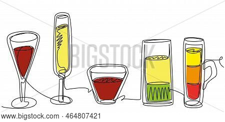 Alcoholic Drinks In One Line Of Different Colors On A White Background. Bar Counter With Cocktails I