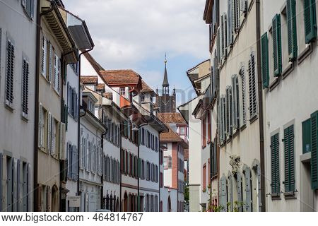 Basel, Switzerland - April 14, 2017: Old Houses In The Historic City Centre Of The Swiss City Basel