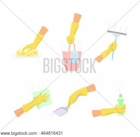 Hand In Yellow Glove Cleaning With Sponge, Bucket And Squeegee Vector Set