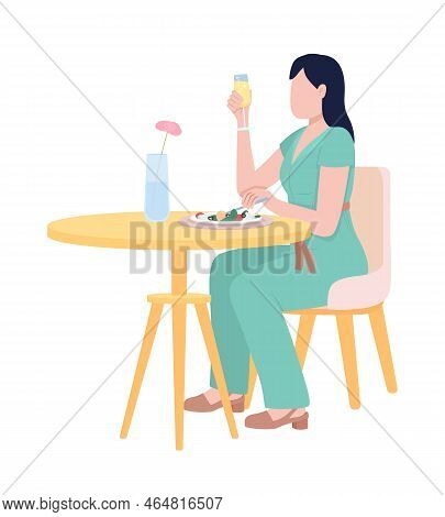 Lady Having Brunch Semi Flat Color Vector Character. Editable Figure. Full Body Person On White. Res