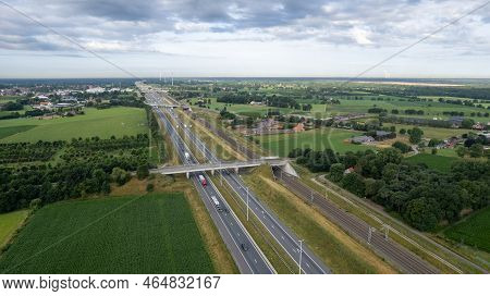 Brecht, Belgium, 6th Of July, 2022, Panoramic Aerial Drone View Of Wind Farm Or Wind Park, With High