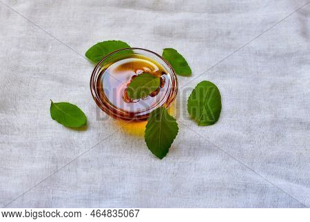 Close Up Of Fresh Leaves Of Holy Basil Or Tulsi With Raw Honey, The Home Remedy To Cure The Diseases