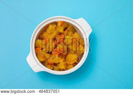 Fresh Mixed Vegetables On White Bowl On Blue Paper